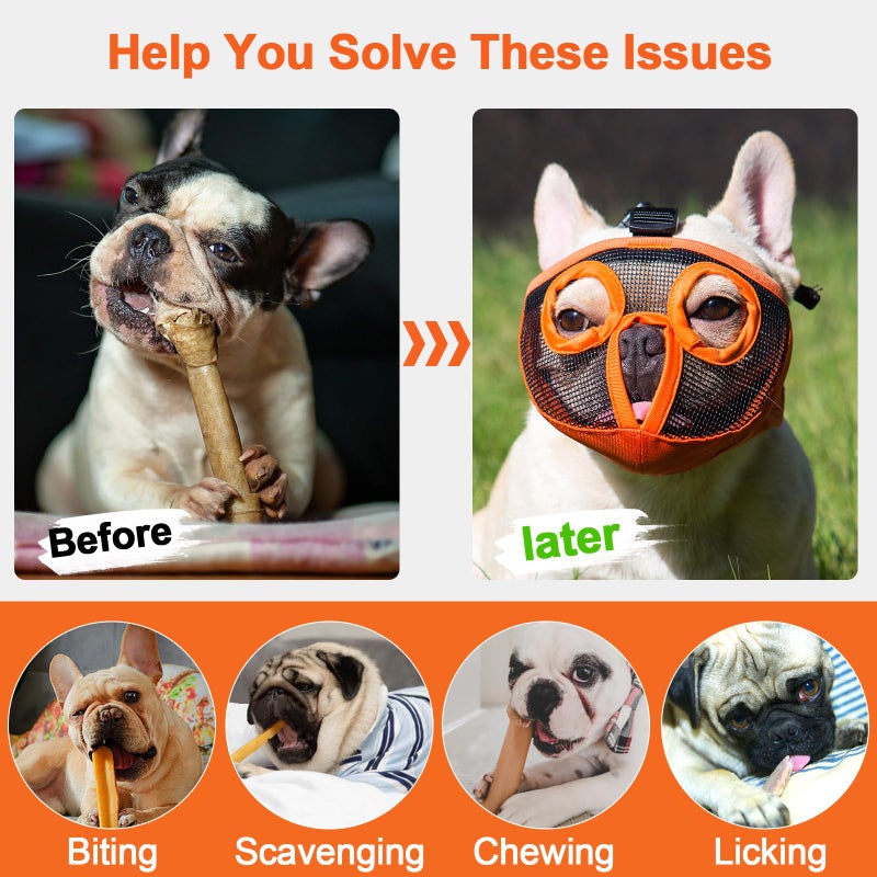 JYHY Short Snout Dog Muzzles- Adjustable Breathable Mesh Bulldog Muzzle for Biting Chewing Licking Grooming Dog Mask,Orange(Eyehole) M - Image 2